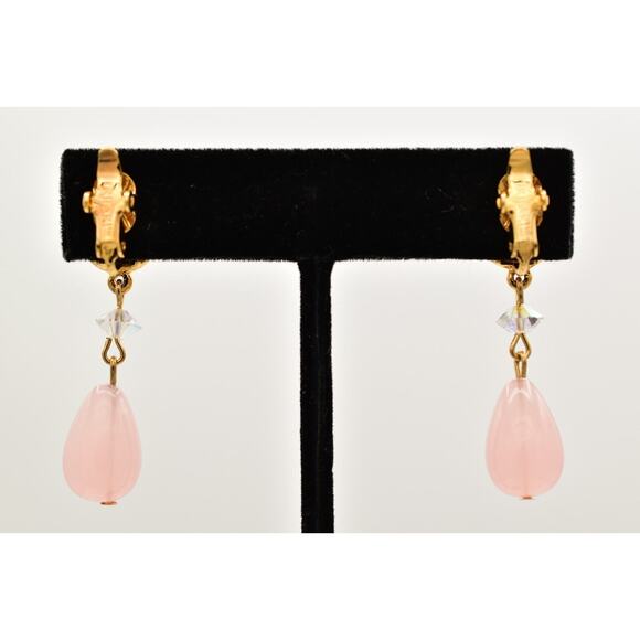 Trifari Vintage Clip Earrings Dangle Pink Beaded Pearl Gold Tone Signed BinBF - Picture 10 of 12